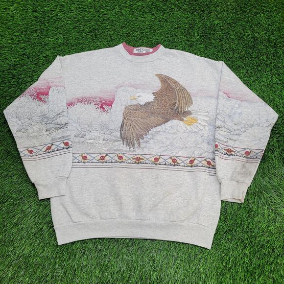 Vintage 90s Artisans Eagle AOP Sweatshirt L/XL 23x26 Janelle-Thompson - Picture 1 of 16